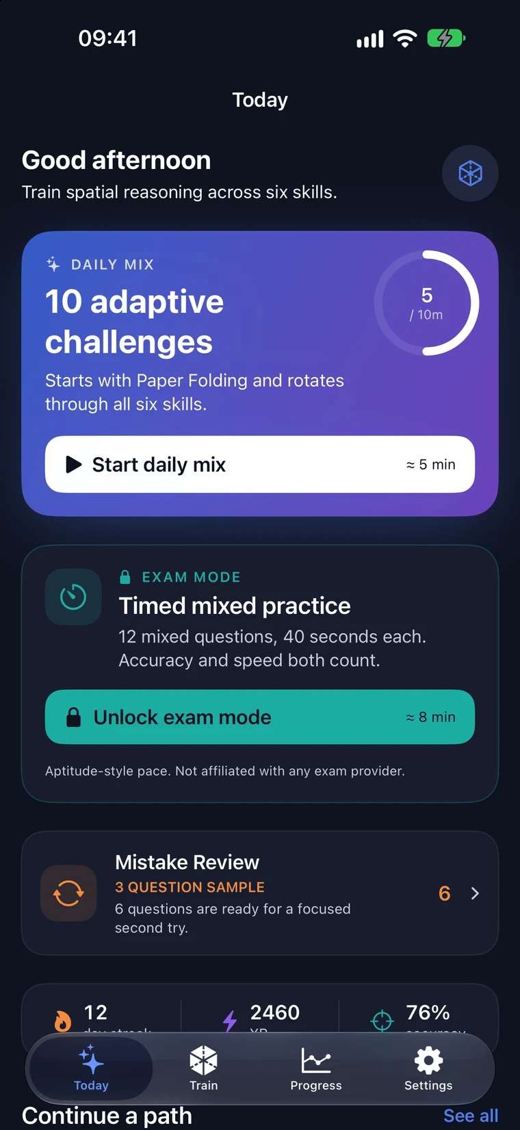 Foldmetry home with Daily Mix, timed practice, and Mistake Review