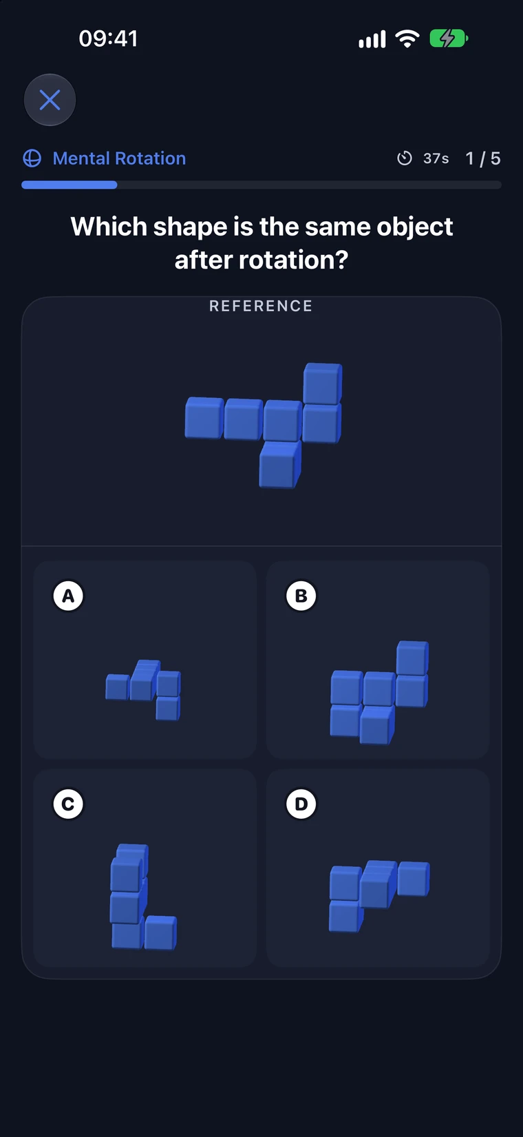 A real mental rotation exercise with a blue 3D shape and four answer choices