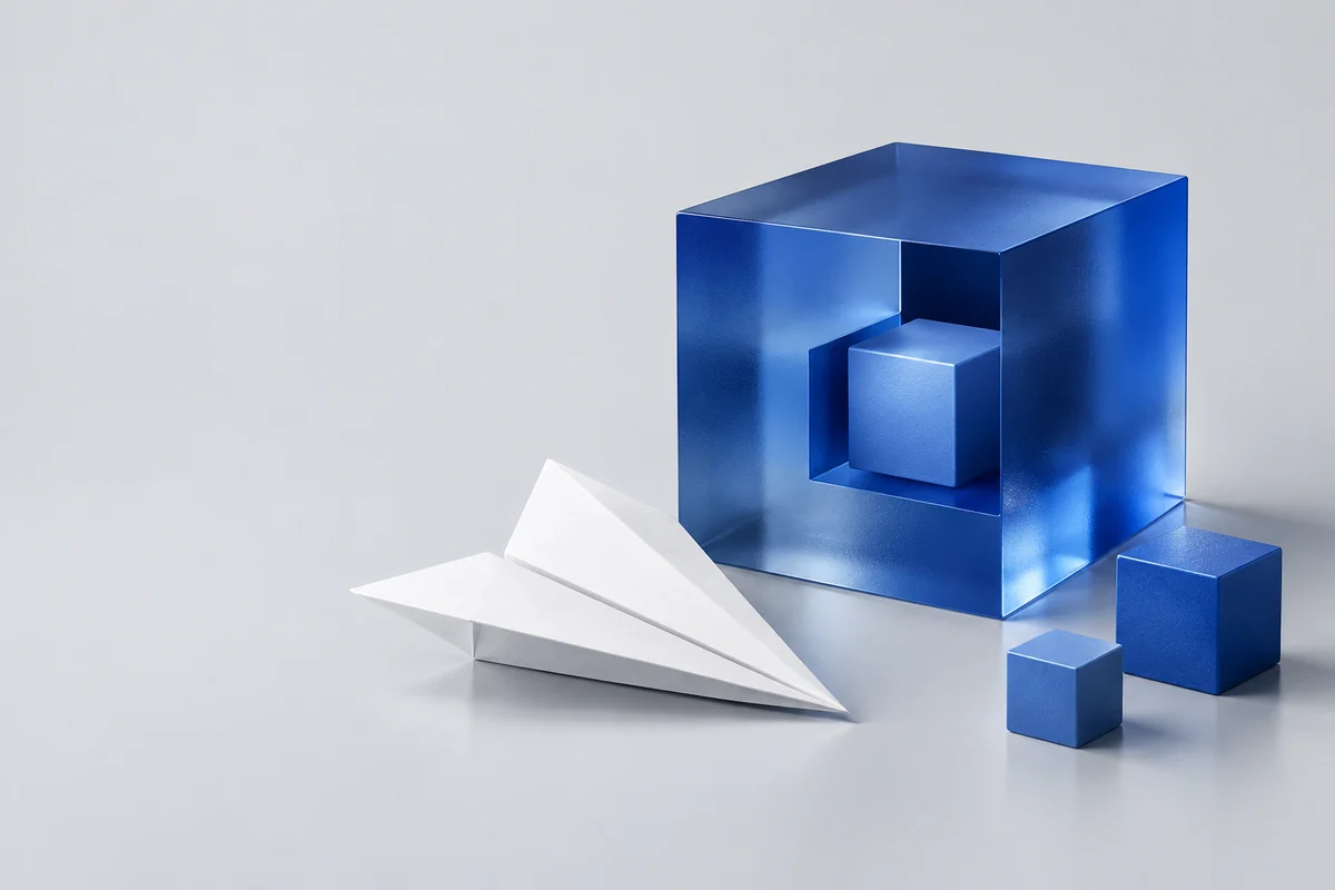 Blue geometric blocks and a folded white paper plane in a calm studio setting